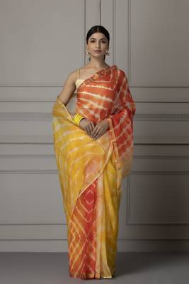 Yellow printed pure silk saree with blouse 3