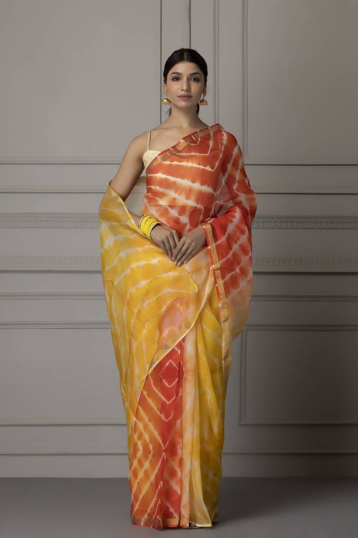 Yellow printed pure silk saree with blouse
