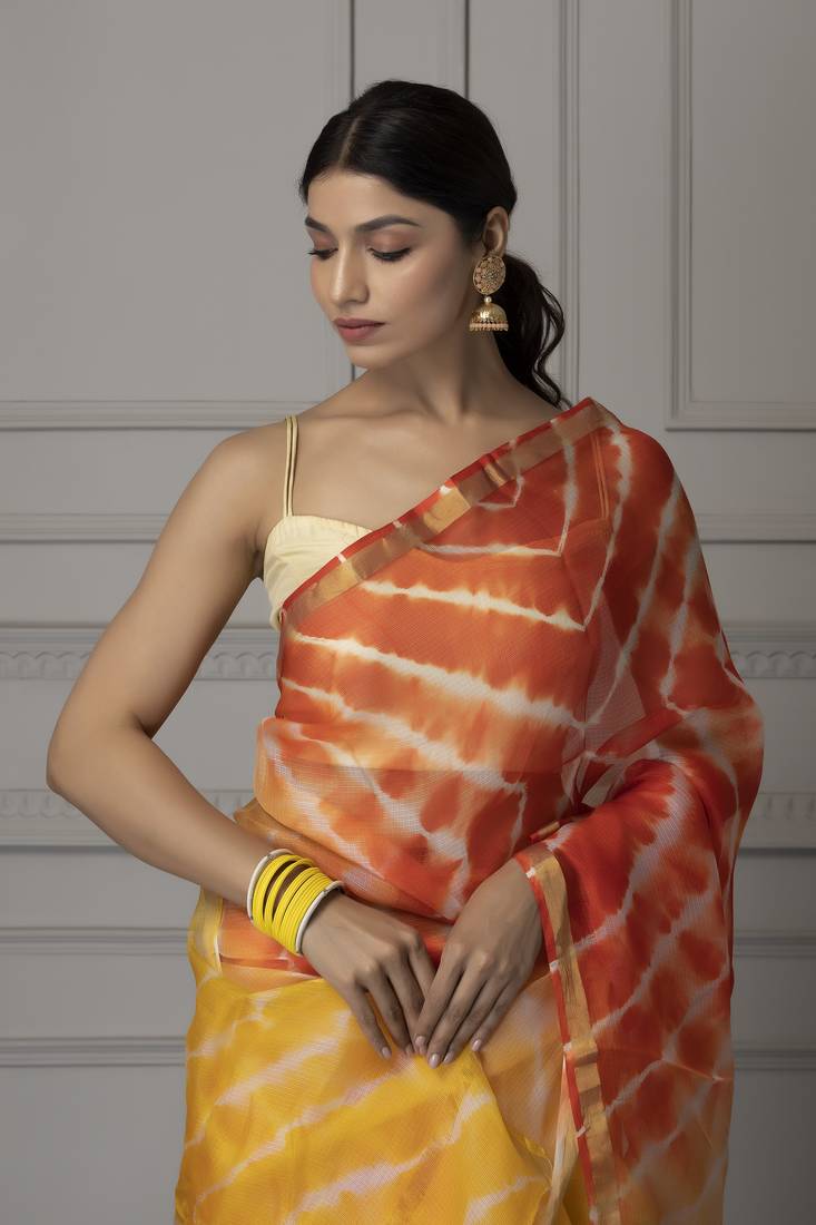 Yellow printed pure silk saree with blouse