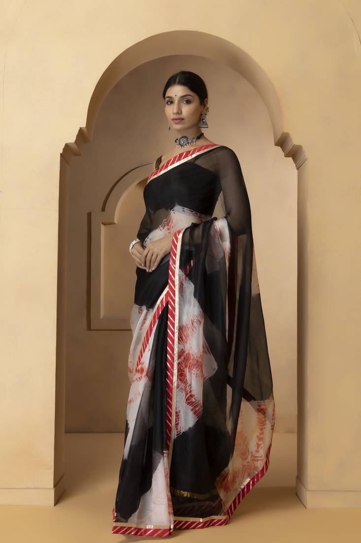 Black printed pure Kota silk saree with blouse