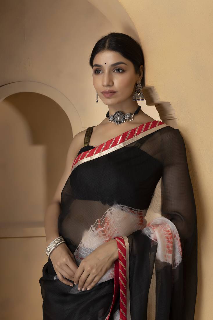 Black printed pure Kota silk saree with blouse