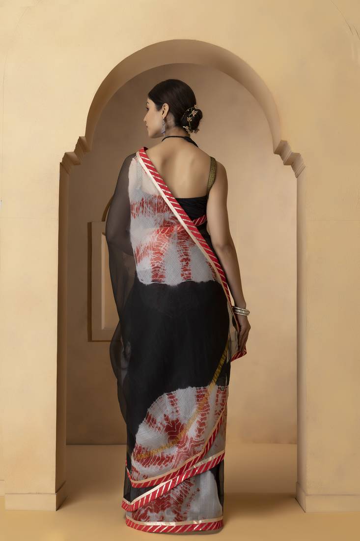 Black printed pure Kota silk saree with blouse