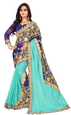 Sky blue embroidered lycra saree with blouse 1