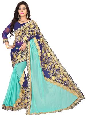 Sky blue embroidered lycra saree with blouse 2