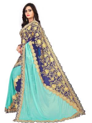 Sky blue embroidered lycra saree with blouse 3
