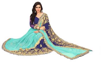 Sky blue embroidered lycra saree with blouse 4
