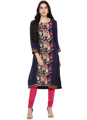 Dark blue printed rayon stitched kurti 1