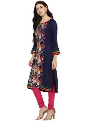 Dark blue printed rayon stitched kurti 3