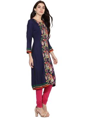 Dark blue printed rayon stitched kurti 4