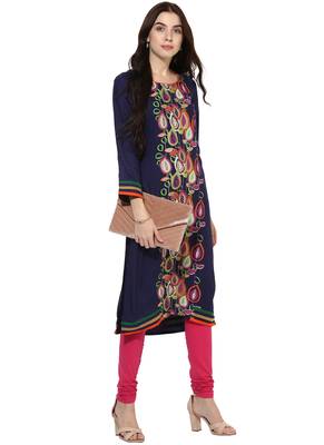 Dark blue printed rayon stitched kurti 5