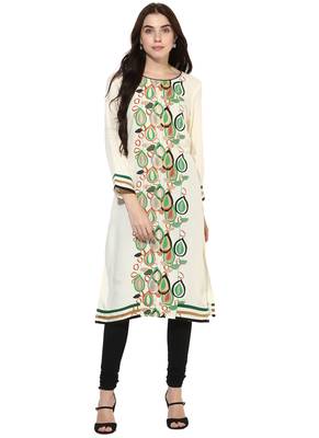 Off white printed rayon stitched kurti 1