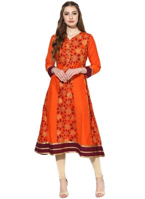 Orange printed polyester stitched kurti 1
