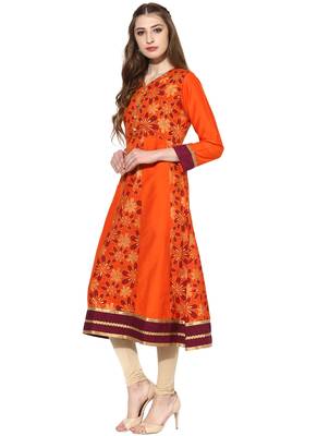 Orange printed polyester stitched kurti 3