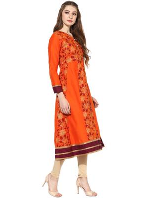 Orange printed polyester stitched kurti 4