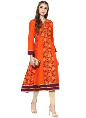 Orange printed polyester stitched kurti 5