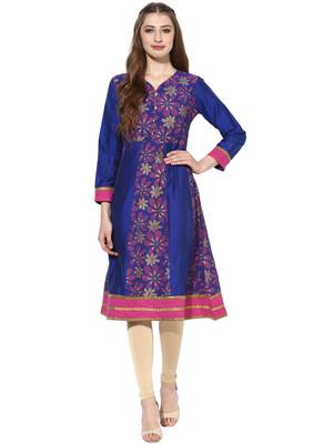 Royal blue printed polyester stitched kurti 1