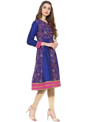 Royal blue printed polyester stitched kurti 4
