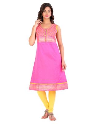 Pink printed cotton stitched kurti 1