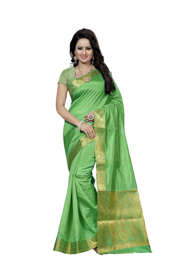 Parrot green woven polycotton saree with blouse