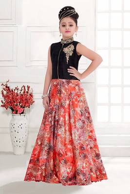 Multicolor Reddis Digital Floral Print Heavy Satin Silk Partywear Readymade Gown Dress For Girls 1