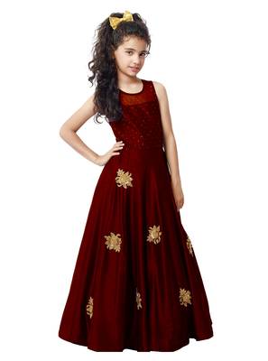 Maroon Sequance Embroidery Banglori Silk Heavy Latest New Designer Festive Wear Readymade Gown Dress For Girls 1