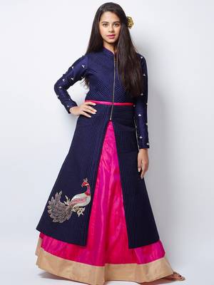 Blue N Pink heavy Foam Work Embroidery Banglori Silk Ready Made Indo Western Lehenga For Girls 1