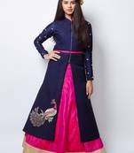 Blue N Pink heavy Foam Work Embroidery Banglori Silk Ready Made Indo Western Lehenga For Girls