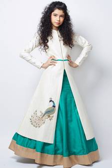 White N Sea Green Heavy Foam Work Embroidery Banglori Silk Ready Made Indo Western Lehenga For Girls