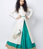 White N Sea Green Heavy Foam Work Embroidery Banglori Silk Ready Made Indo Western Lehenga For Girls
