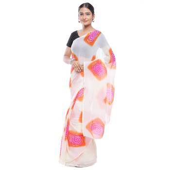 White printed georgette saree with blouse 3