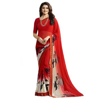 Red printed georgette saree with blouse 1