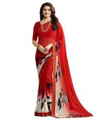 Red printed georgette saree with blouse