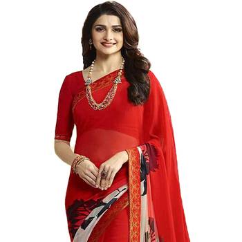 Red printed georgette saree with blouse 2