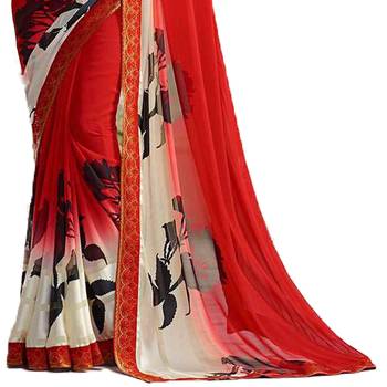Red printed georgette saree with blouse 3