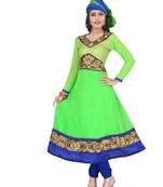 Parrot green embroidered faux georgette unstitched salwar with dupatta
