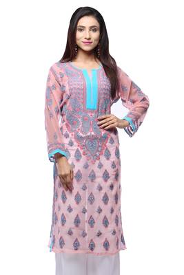 Beige embroidered georgette stitched kurti 1