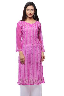 Pink embroidered georgette stitched kurti 1