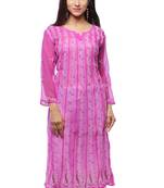 Pink embroidered georgette stitched kurti