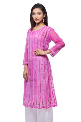 Pink embroidered georgette stitched kurti 2