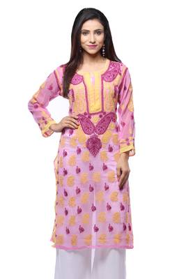 Pink embroidered georgette stitched kurti 1