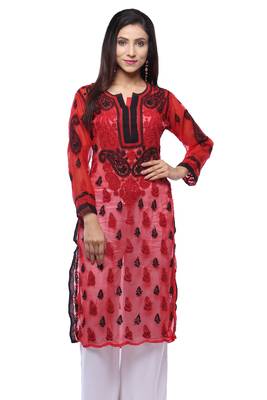 Red embroidered georgette stitched kurti 1
