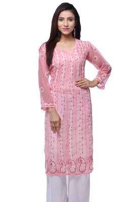 Beige embroidered georgette stitched kurti 1