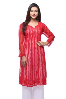 Red embroidered georgette stitched kurti 1