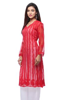 Red embroidered georgette stitched kurti 2