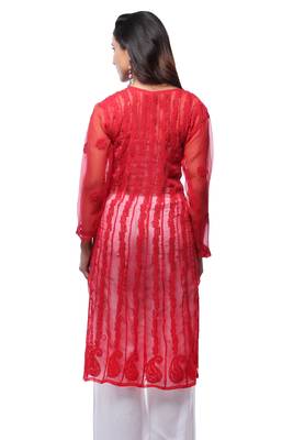 Red embroidered georgette stitched kurti 3