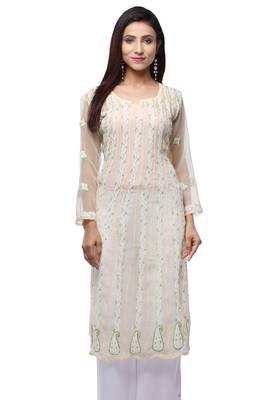 Yellow embroidered georgette stitched kurti 1