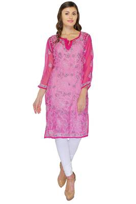 Magenta embroidered georgette stitched kurti 1