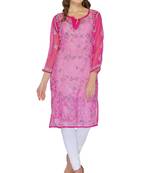 Magenta embroidered georgette stitched kurti