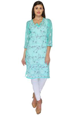 Green embroidered georgette stitched kurti 1