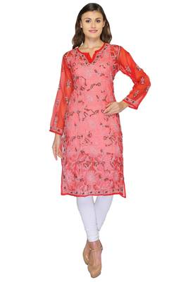 Red embroidered georgette stitched kurti 1